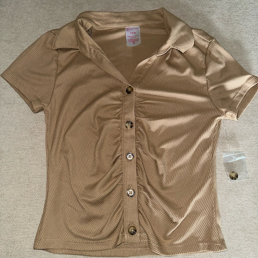 No Boundaries Gold Fitted Button Down Shirt with Notched Collar